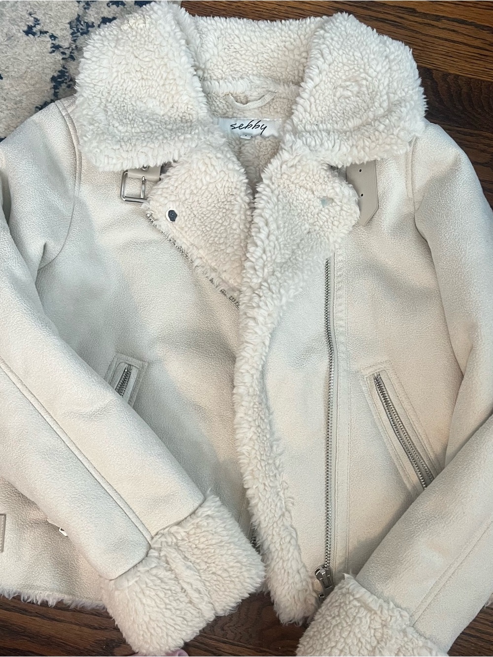 Sebby Cream Faux Shearling Biker Jacket